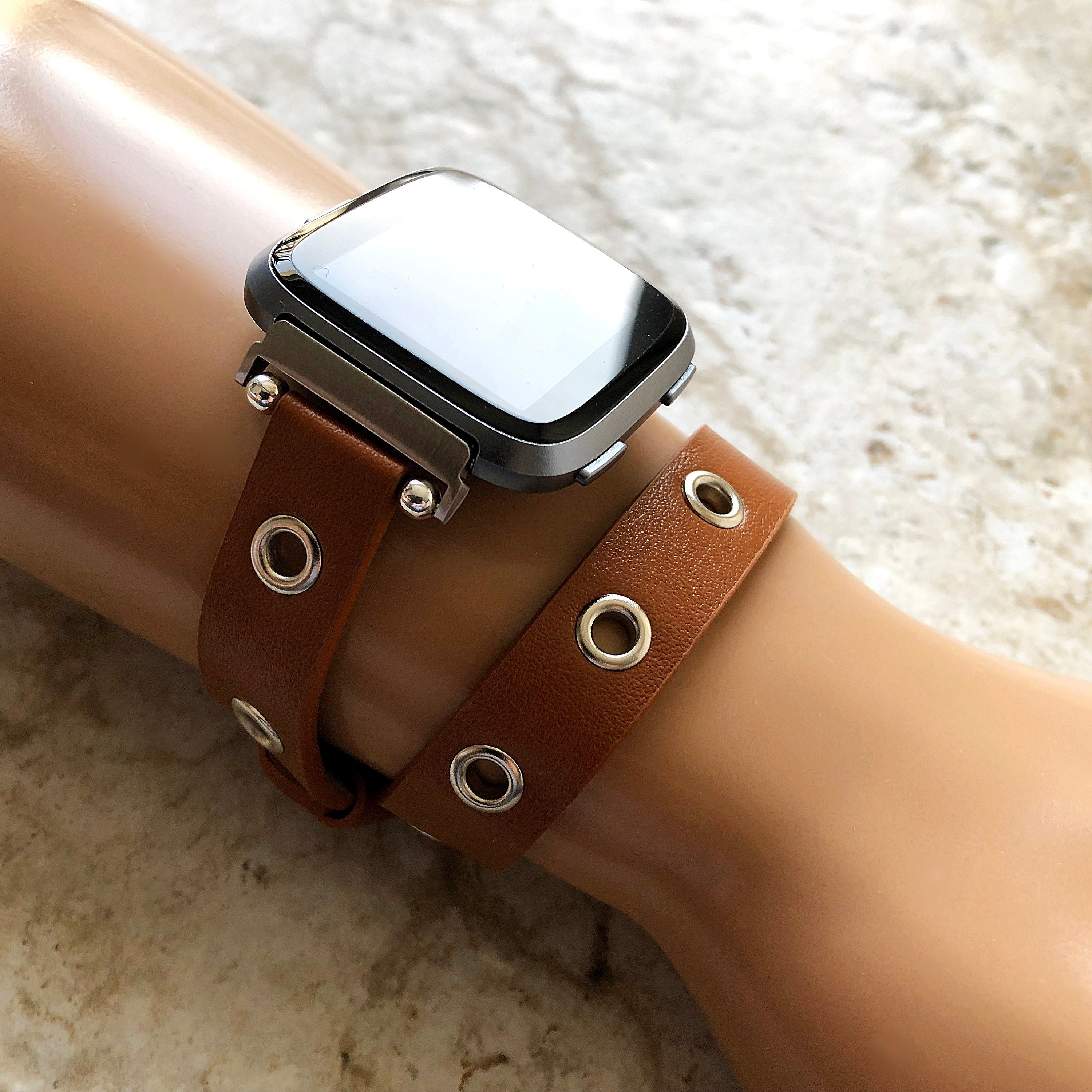 Fitbit Grommets Band for Versa 2 3 4 Sense 2 Brown Eco Leather Watch Strap Double Wrap Around Wrist Bracelet Silver Rose Gold Black Buckle